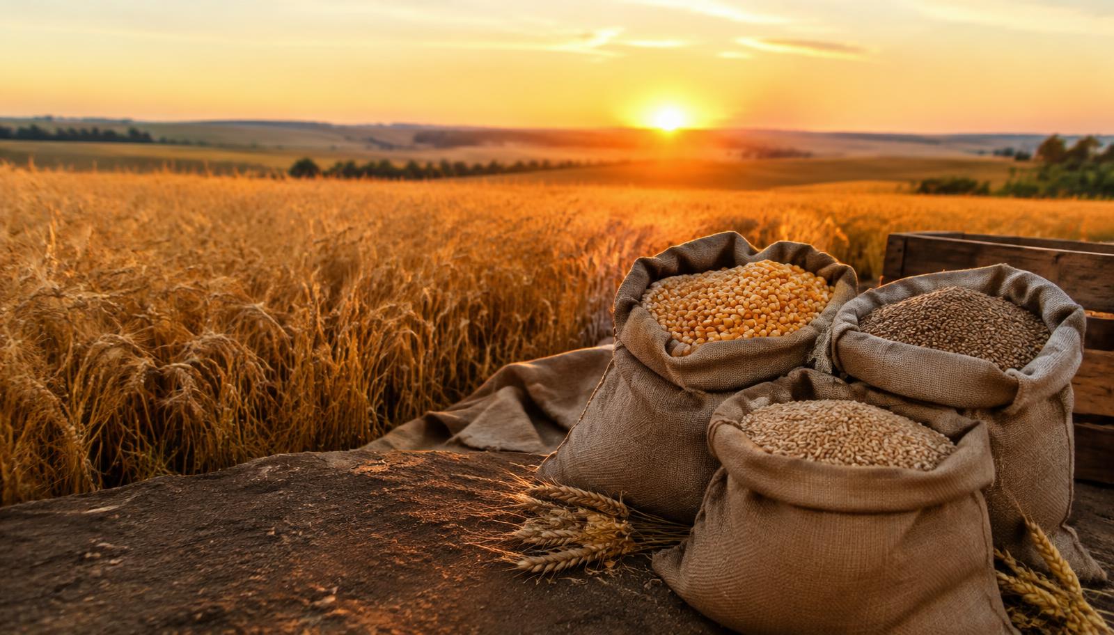 Sacks of grain beside a ripe field at sunrise