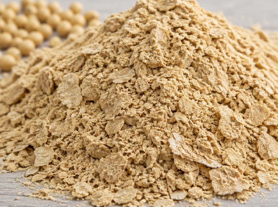 Pile of light tan soyabean meal flakes with soyabeans
